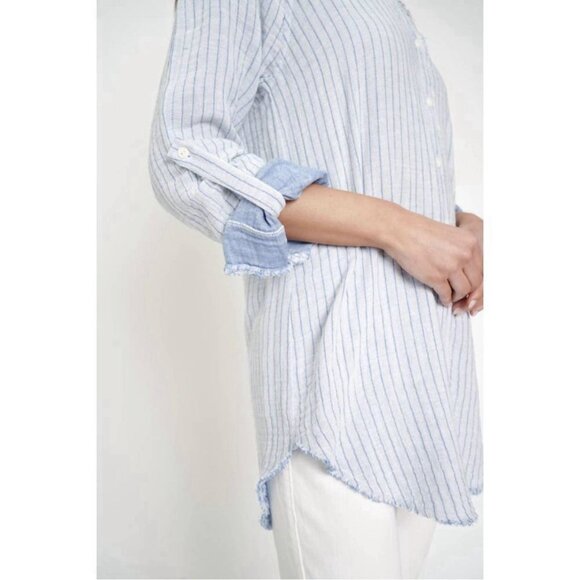 Mystree 100% Cotton Tunic Button Shirt (Sz L) Striped Long Sleeve Coastal Casual - Picture 4 of 12